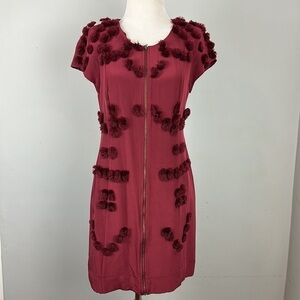 Vena Cava Silk Wine Pom Pom Front Zipper Shift Dress